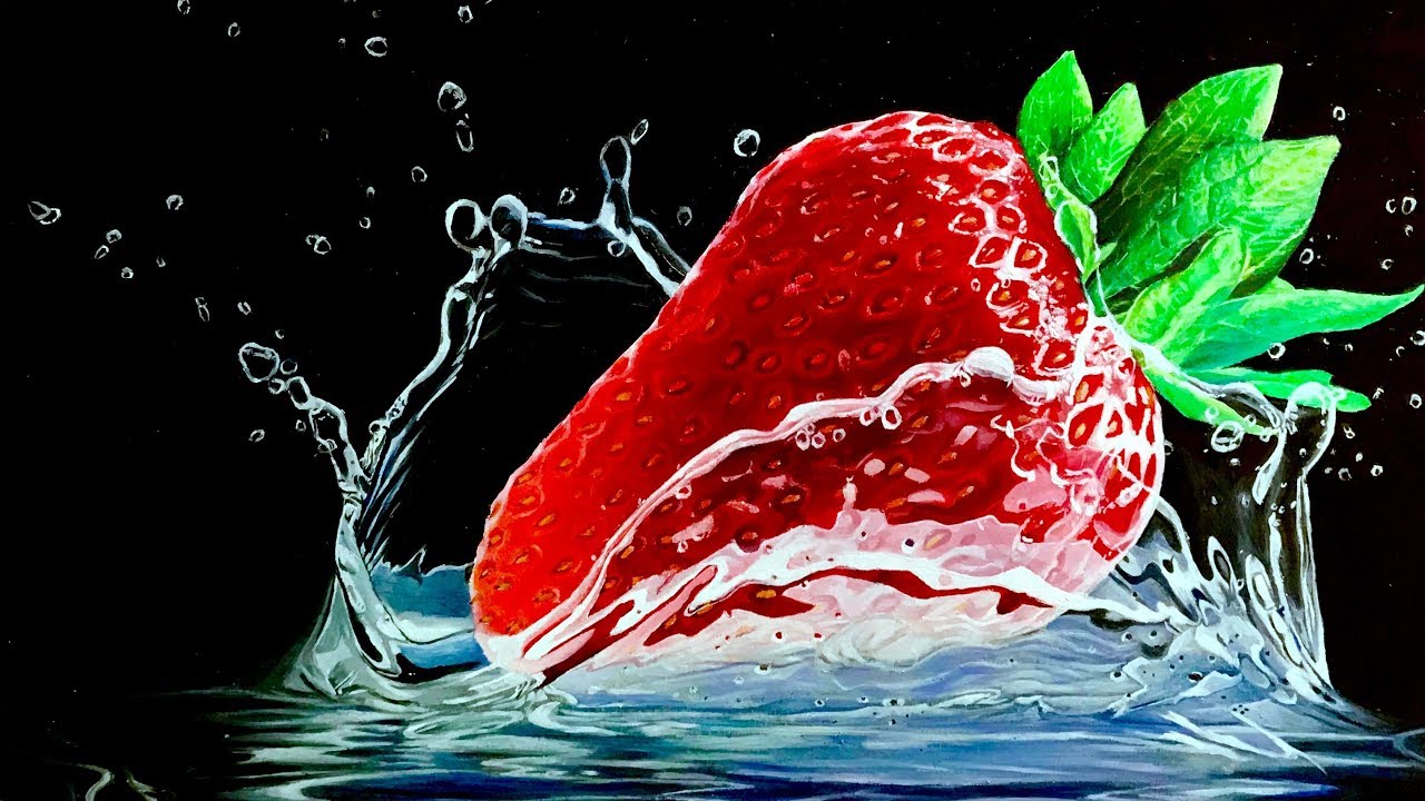 油絵】水に落ちる苺 (Drawing a realistic strawberries falling into