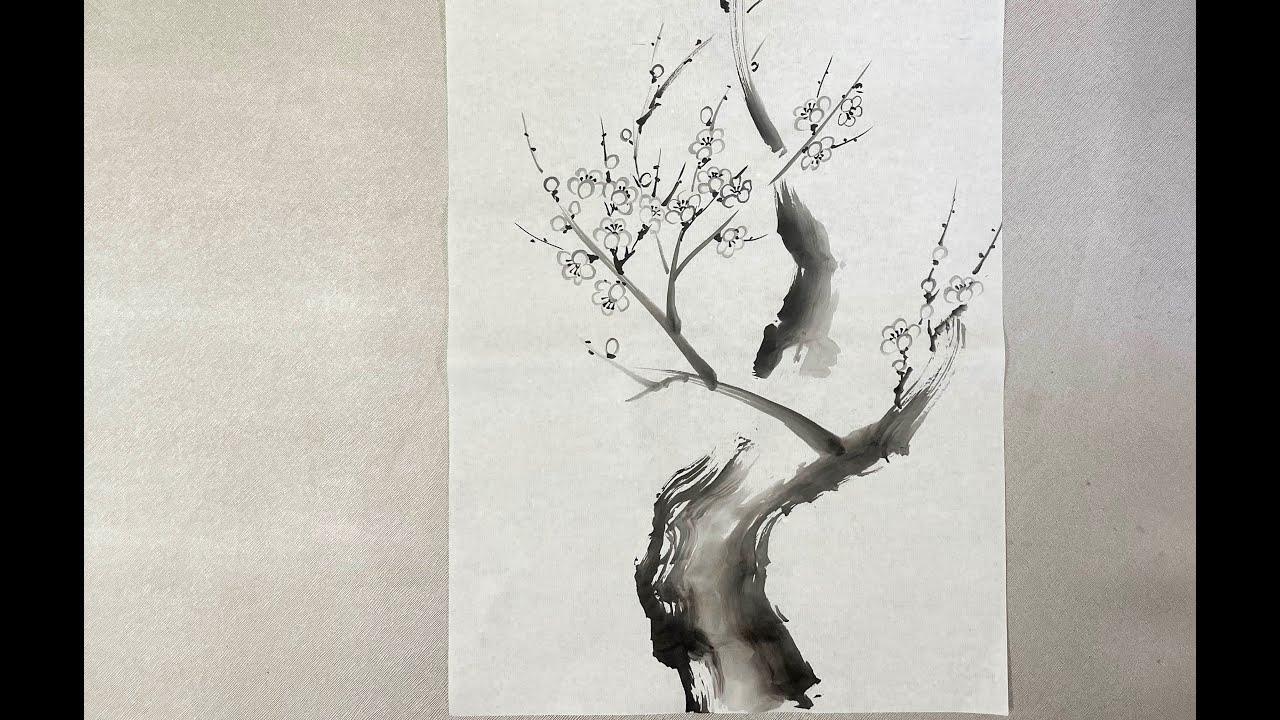 Sumi-e: Japanese apricot in Japanese ink painting by Tohun