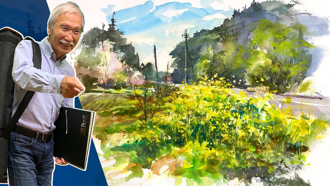 Eng sub] Watercolor Sketch - Landscape of Canola flowers on the