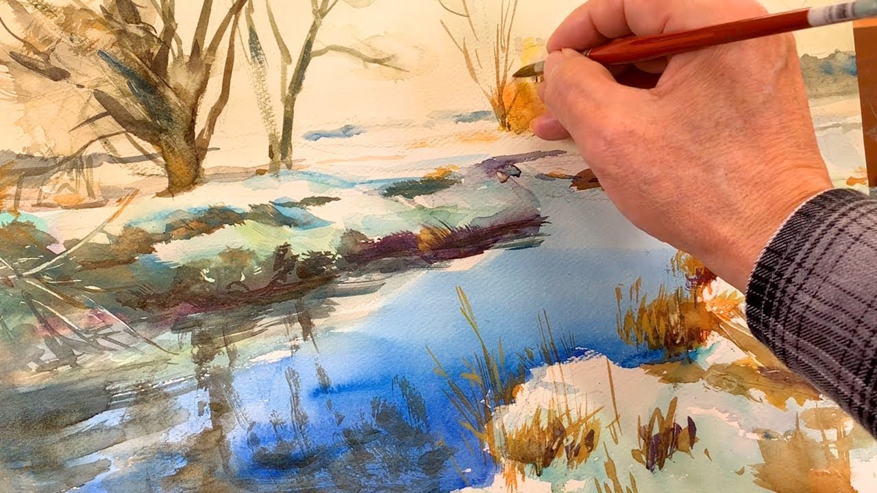 Eng sub] How to paint Snow river Landscape | Watercolor Painting