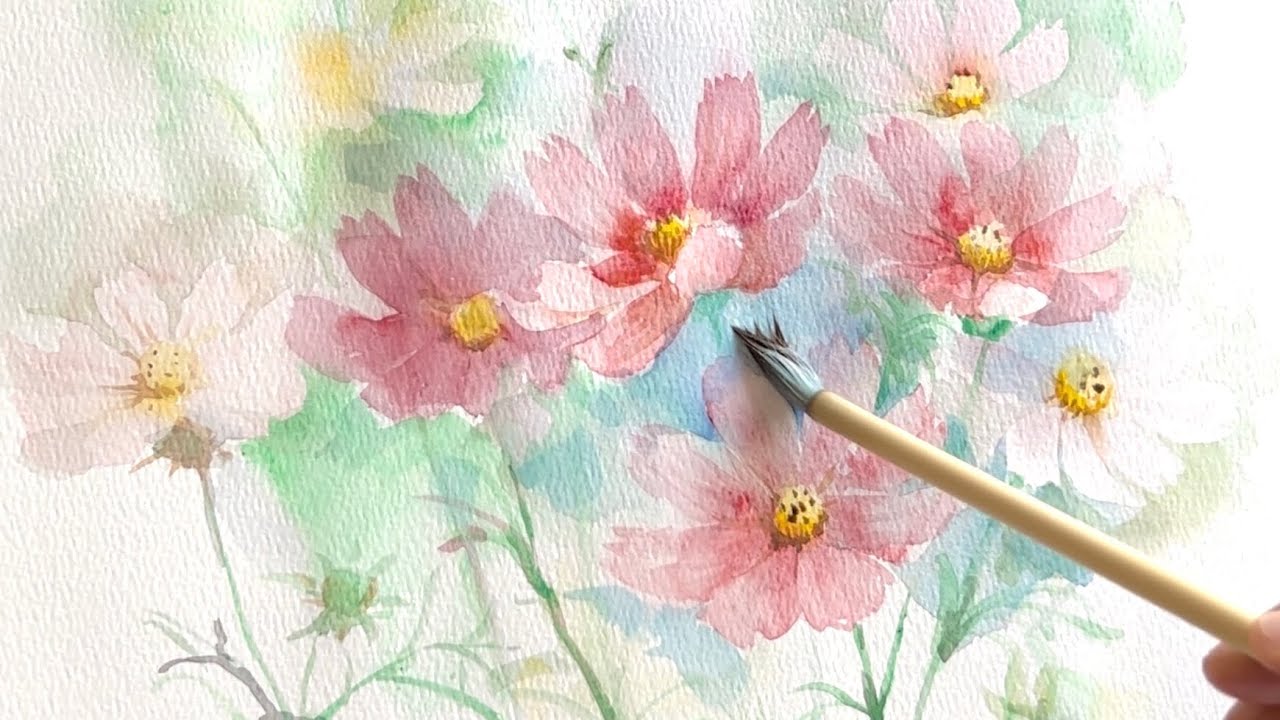水彩画]コスモスの花を描く/watercolorpainting/制作過程 - YouTube
