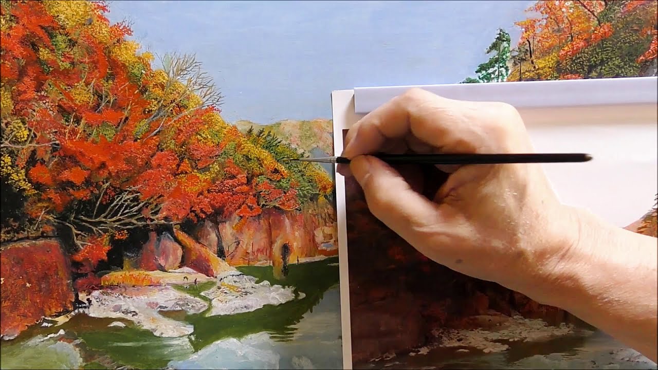 紅葉】日光龍王峡 油絵 Autumn leaves of Nikko Dragon King Canyon