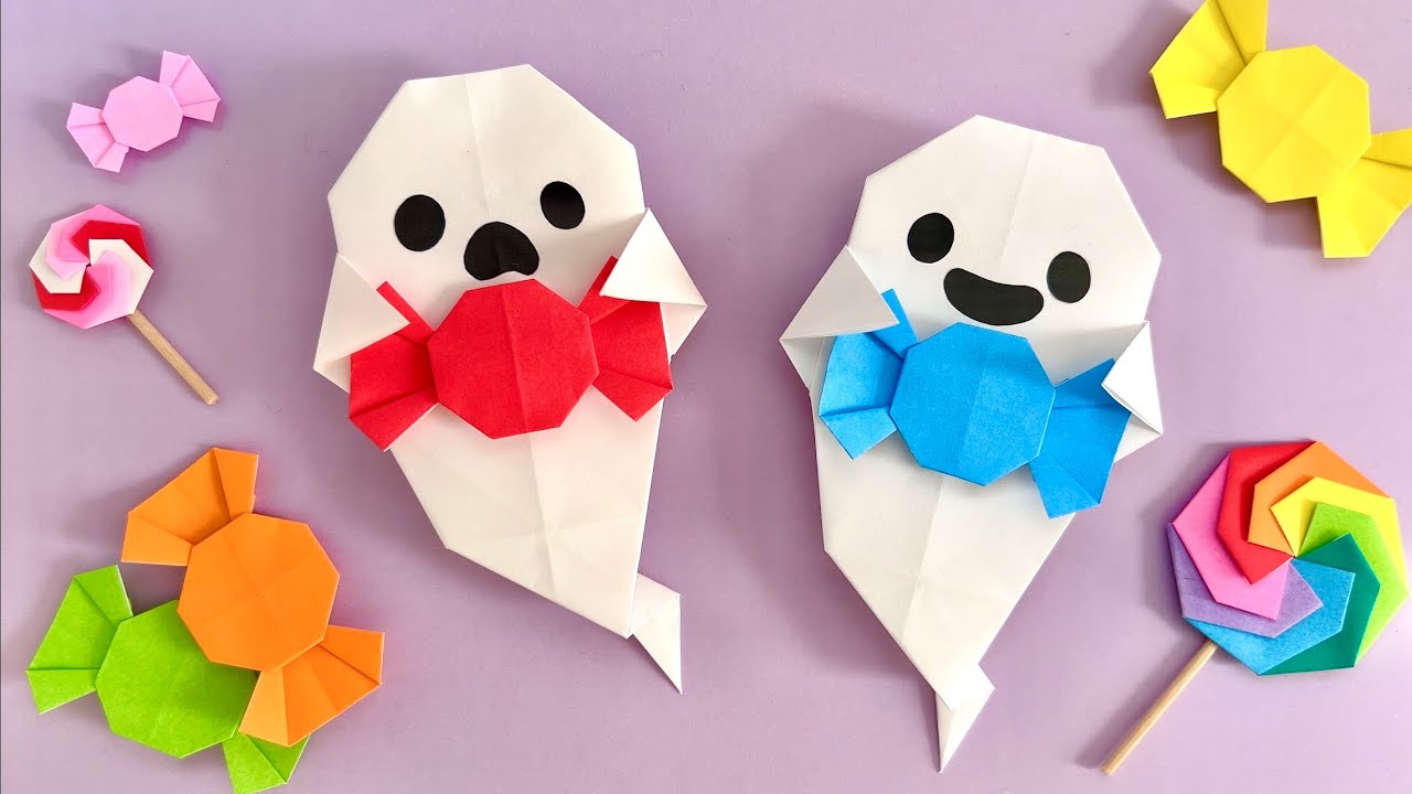 ハロウィン折り紙】 簡単 可愛い キャンディーを持ったおばけ 折り方