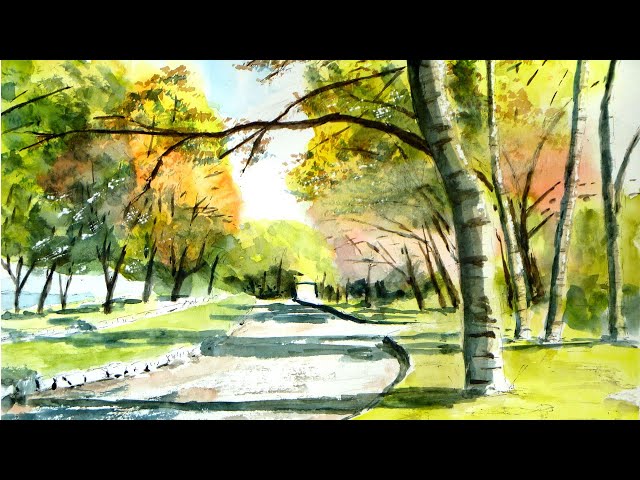 秋の公園と爽やかな日差し （透明水彩風景画） Autumn public garden