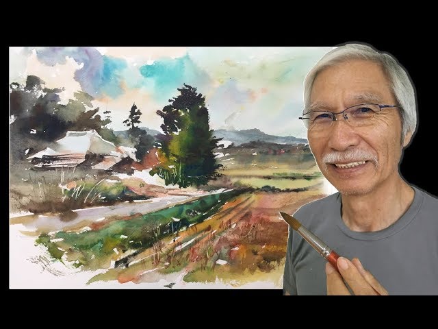 田園風景 水彩画 額装済み F6サイズ 原画 水彩画 (田園風景）