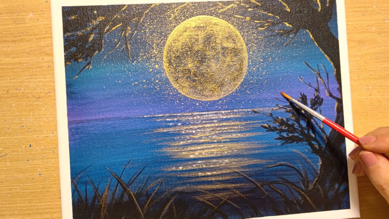 How to draw a full moon night with acrylic paint / Golden moon