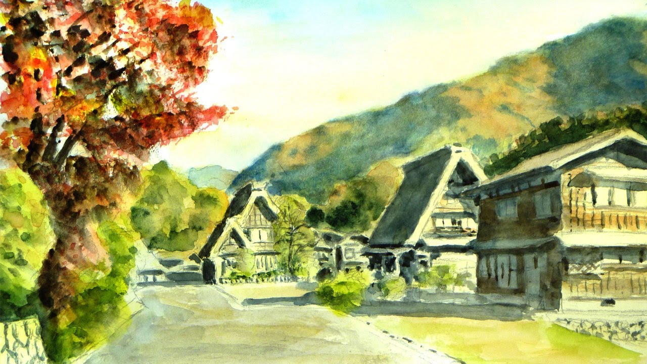 秋の白川郷、合掌造りの集落、岐阜県 【透明水彩風景画】 Japanese old