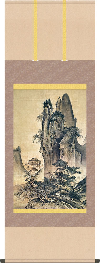 掛け軸-四季山水図（春）／雪舟(尺五立) 水墨山水画 床の間 和室