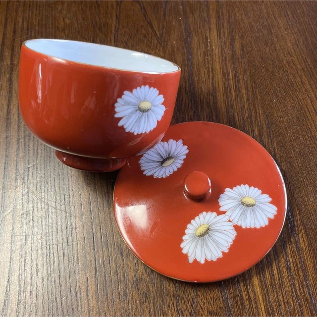 Noritake - オールドノリタケ 蓋付き湯呑 朱赤 白菊 使用レトロ 直し