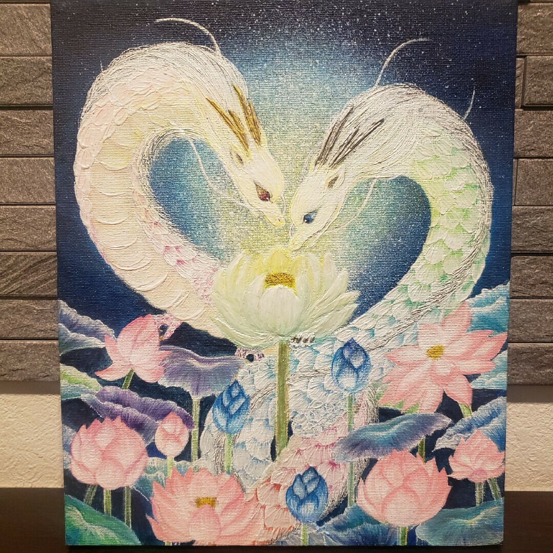 No.502 原画 F4キャンバス 龍と鳳凰 アクリル絵画 開運絵画 龍神絵画