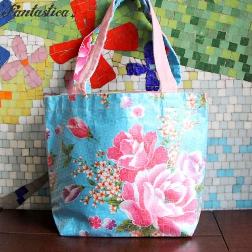 台湾】台湾客家花布 大きなトートバッグ（ブルー）☆マチ＆内ポケット