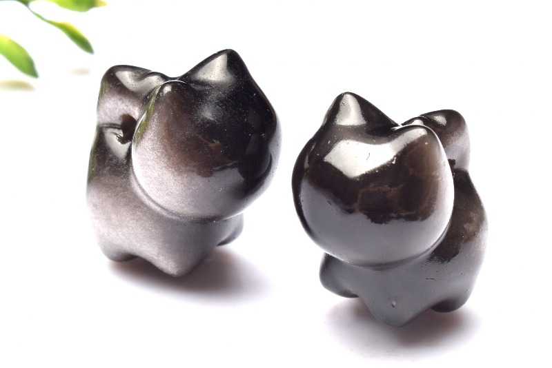3個セット シルバーオブシディアン 19.5x14.5-15mm 猫 ネコちゃん彫刻