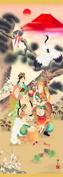 掛け軸-吉祥七福満願図／鵜飼 雄平〔尺五桐箱・風鎮付き〕開運掛軸
