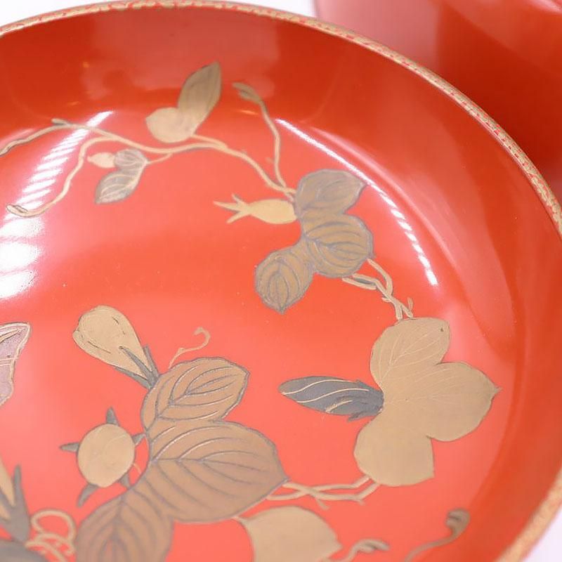 漆器 朱塗り 高蒔絵 大正昭和初期 煮物椀 草花模様