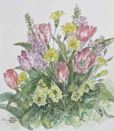春の花のコラボ - 瀧早苗アートギャラリー | 花の水彩画・油彩画販売