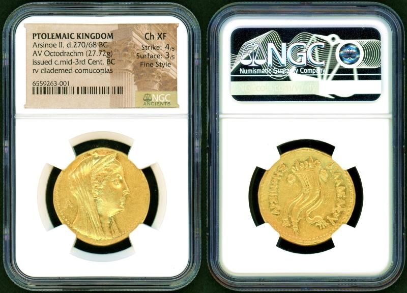 古代プトレマイオス朝エジプト アルシノエ2世 オクタドラクマ金貨 NGC