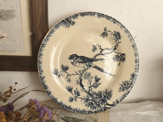 フランス アンティーク GIEN 鳥模様付き 陶器 皿 1900年 観賞用