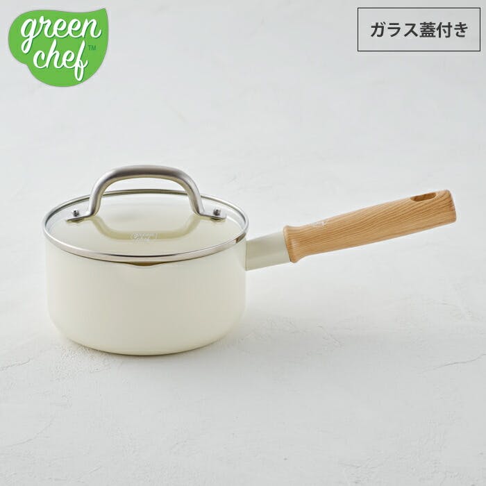 グリーンシェフ ビンテージ ホワイト ソースパン 16cm ガラス蓋付き IH