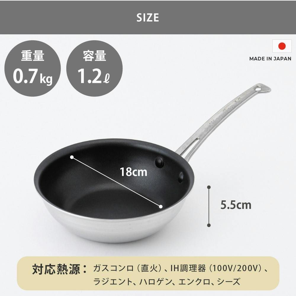 キングフロン フライパン 深型 18cm IH対応 ステンレスハンドル 中尾