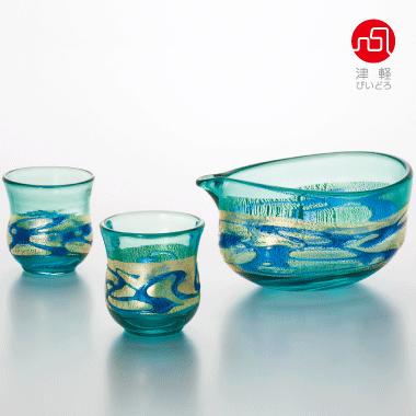 津軽びいどろ 爆買 酒器 セット 金彩碧瑠璃 日本製 化粧箱入 | 和