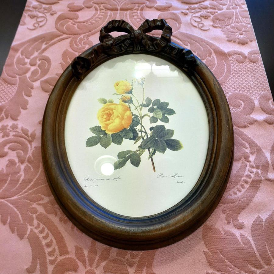 ルドゥーテ バラ額絵 リボン額縁 木製額 バラ イエロー 黄色 楕円 薔薇
