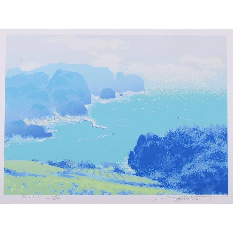 海 絵画 風景画 漁村 シルクスクリーン 版画 池上壮豊 「晴れた日」 額