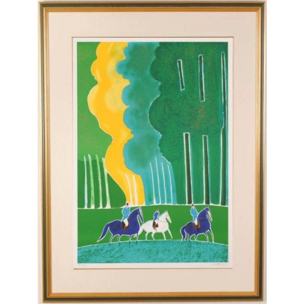 馬 絵画 リトグラフ 版画 セルジュ・ラシス 「ロンシャンの乗馬」 額