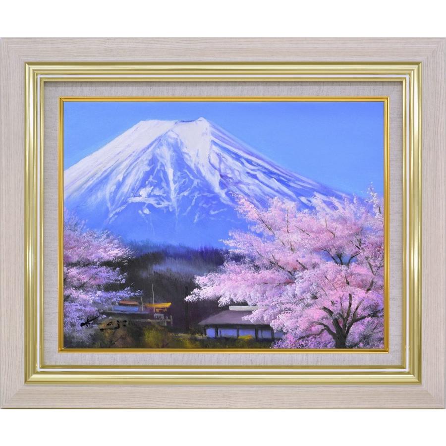 手描き油絵 加治 秀雄 里の桜に富士 F10 画家本人手描き 絵画 額入り