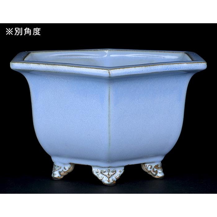 盆栽鉢 「石峰雨竹製広東均釉外縁六角鉢」 植木鉢 陶器 落款あり 7号