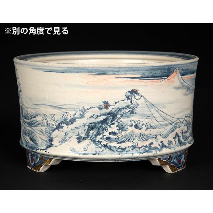 七代渋草柳造染付山水鯨図丸鉢 盆栽鉢 鉢 植木鉢 盆器 作家鉢
