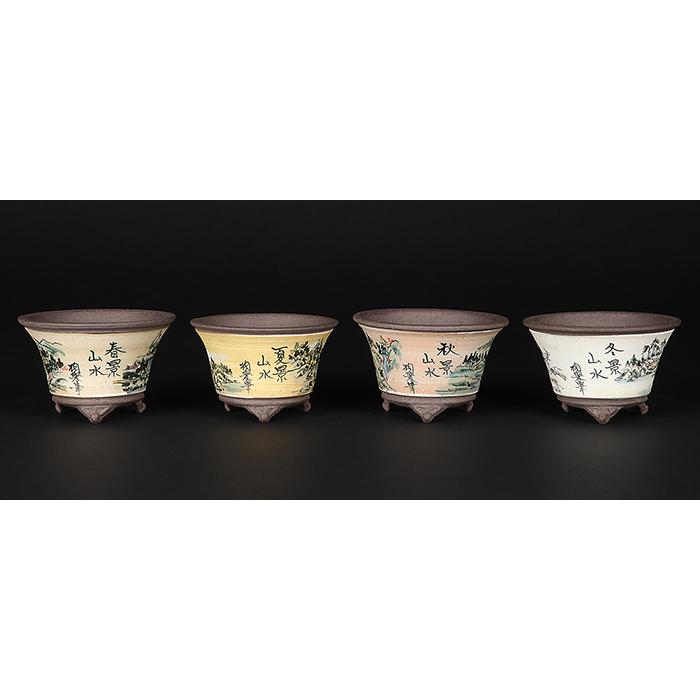 盆栽鉢 陶翠春夏秋冬山水図丸鉢4点セット 植木鉢 絵鉢 絵付鉢 色絵
