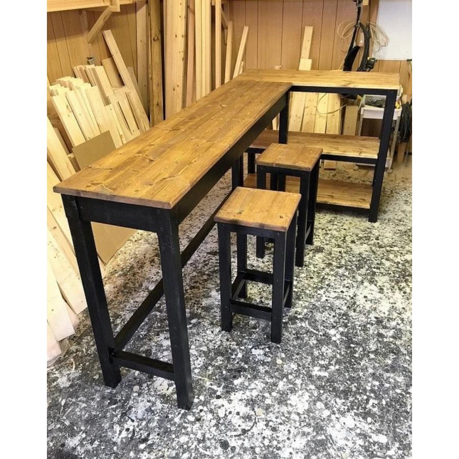 職人手作り 一点物 天然木 L字 カウンターテーブル & スツール 完成品