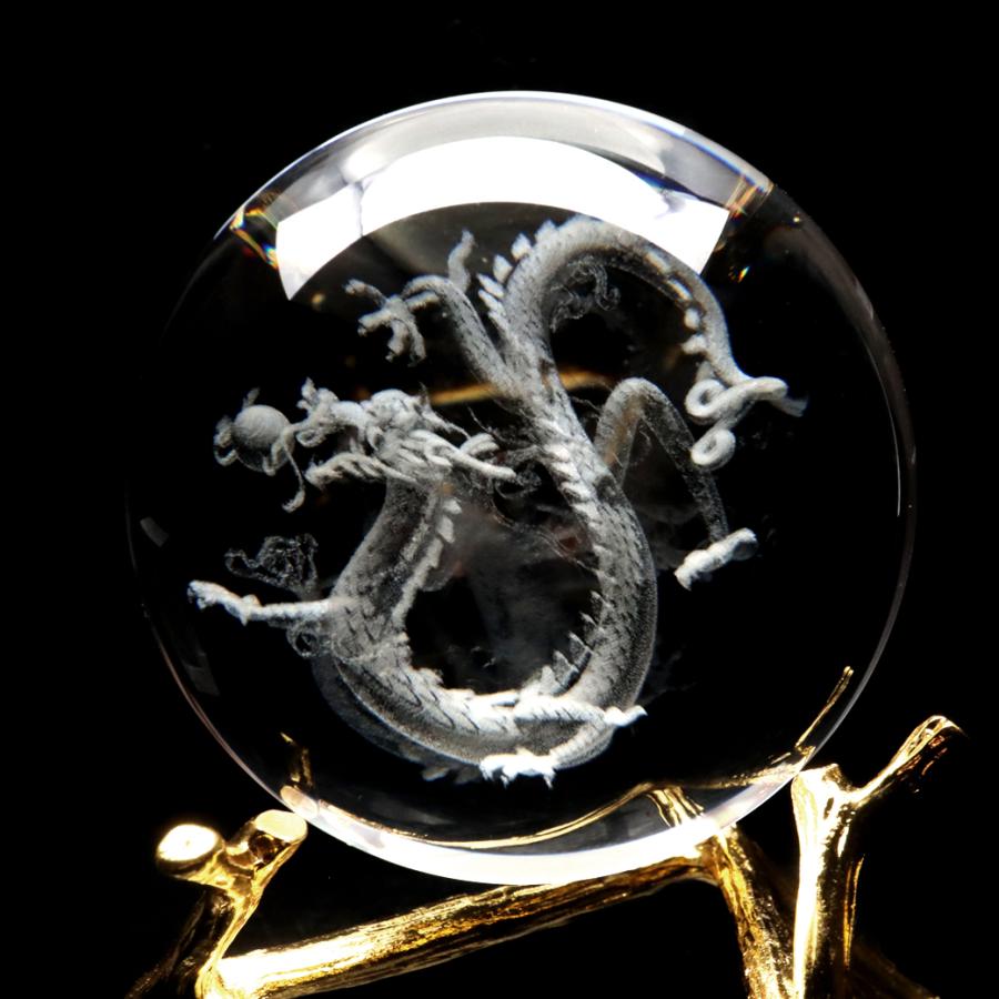 GOLD STONE 龍 クリスタルボール 約80mm 龍神 干支 辰 置き物 人工水晶