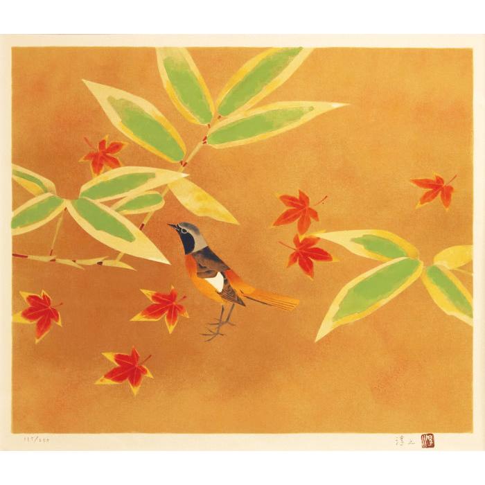 上村淳之 『常鶲』(じょうびたき：尉鶲) オリジナルリトグラフ(石版画