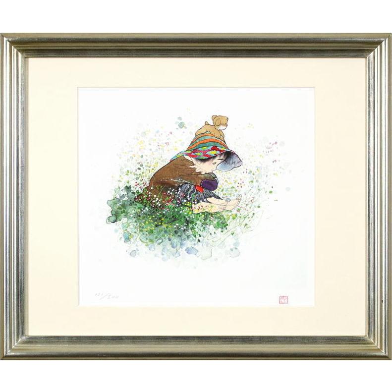 中島 潔 「 風の音 」 セリグラフ 版画 絵画 こども いぬ かわいい