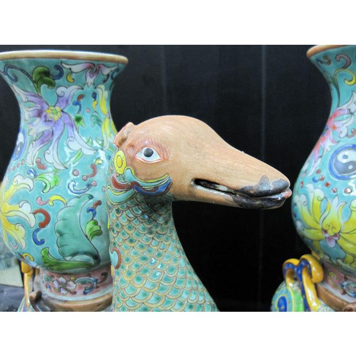 景徳鎮 十錦 動物飾り壺（1対） 高さ約35cm 中国 陶磁器 花瓶 オブジェ