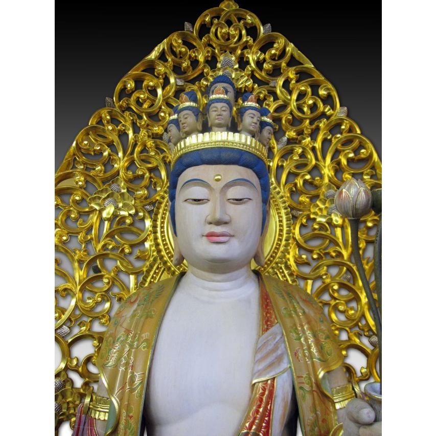 木彫り彫刻 仏像 十一面観音菩薩 立像 截金彩色 光背金箔仕上 木彫