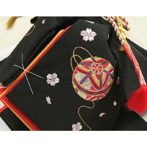 京美 七五三着物用祝い帯 7歳用 黒無地 まり刺繍柄 ちりめん生地 重ね