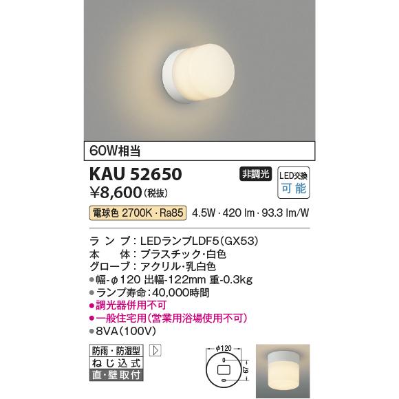 コイズミ照明 KAU52650 小型灯/60W相当/防雨・防湿型/乳白アクリル