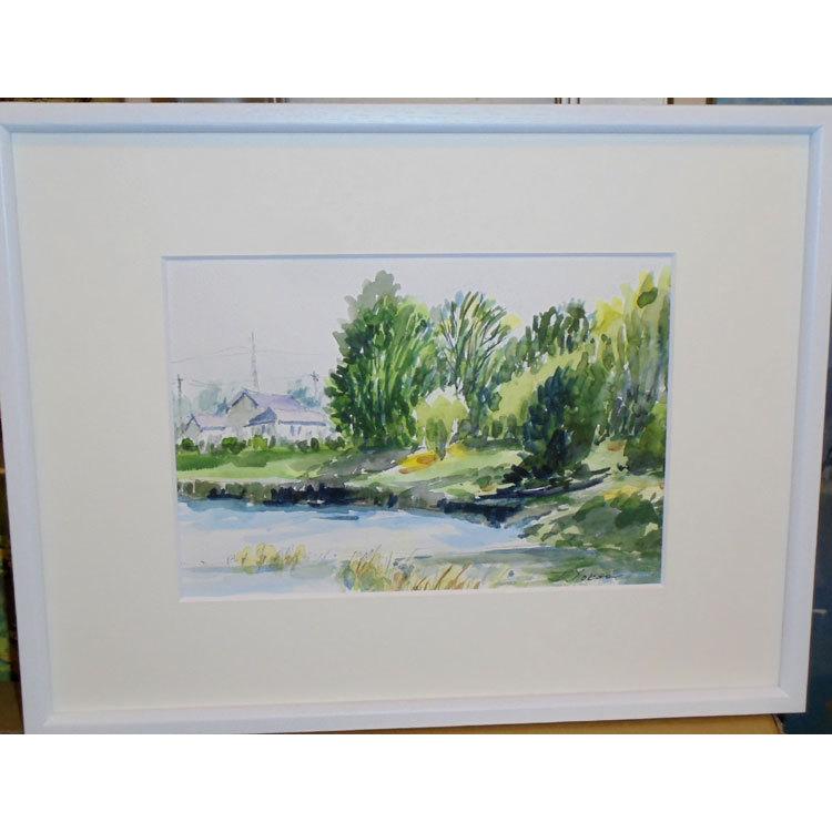 絵画 水彩画 横尾武之 作 「埼玉県・鴻巣の川辺」 風景画 インテリア