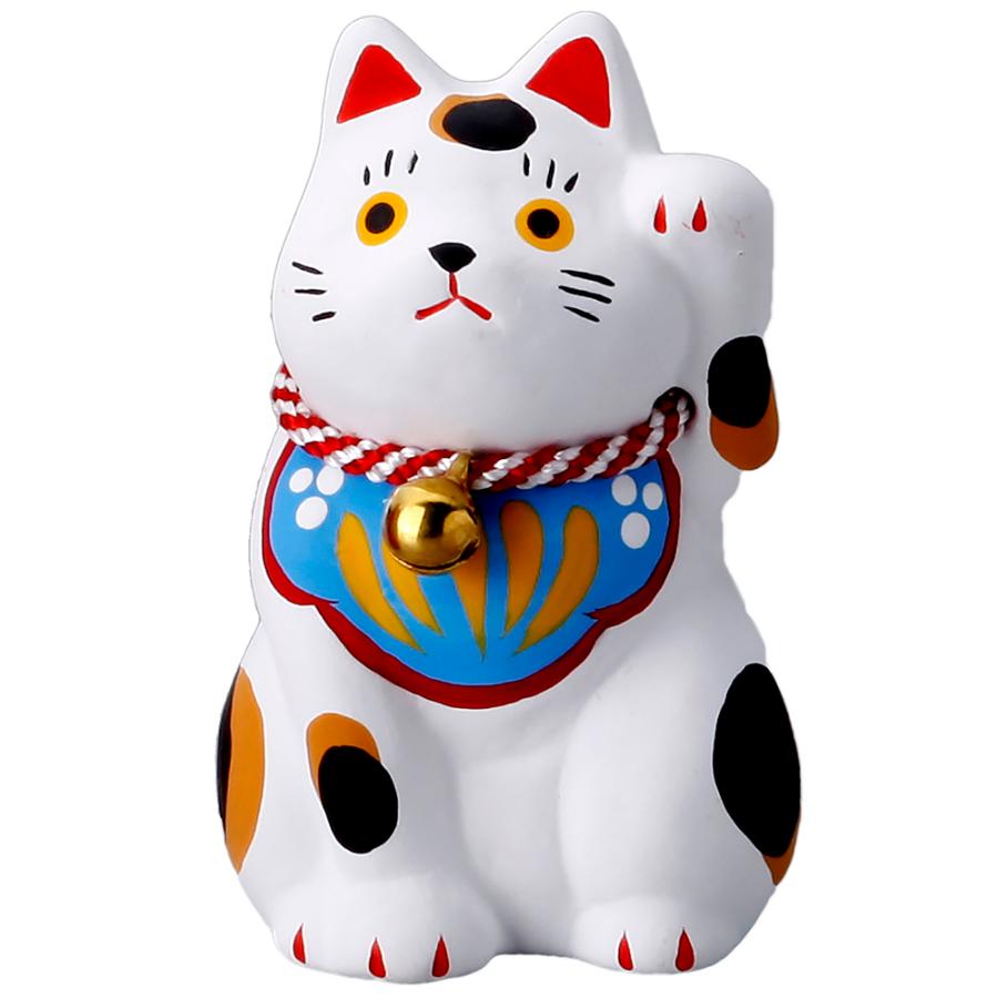 開運 縁起物 白猫 猫の置物 岐阜 美濃の焼き物 福猫 鈴/ 民芸招猫・白