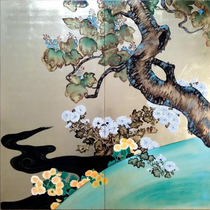 漆絵 酒井抱一の名作_桐菊流水図 NH58 : 絵画制作専門ユーラシアアート