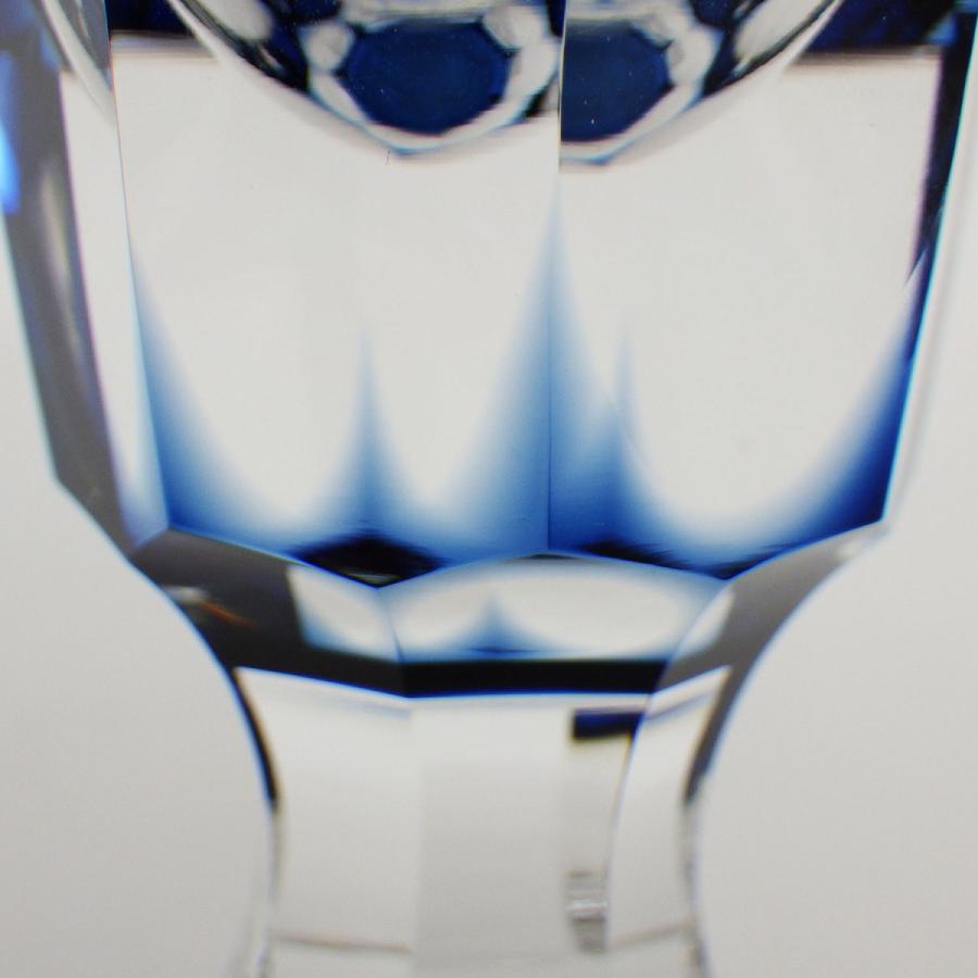 復刻 阪本光男作 薩摩切子 藍色切子脚付杯 共箱付き 色被せガラス 斜め