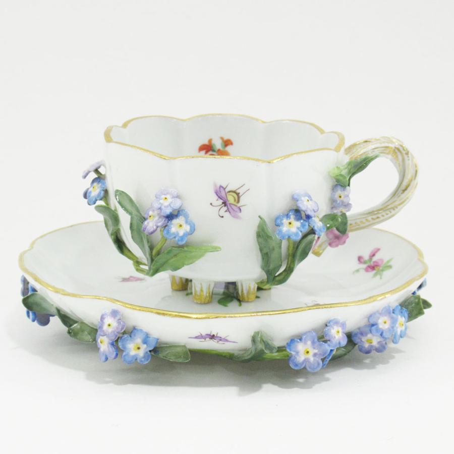 マイセン Meissen アップリケ 花と昆虫 カップ＆ソーサー ボタン剣