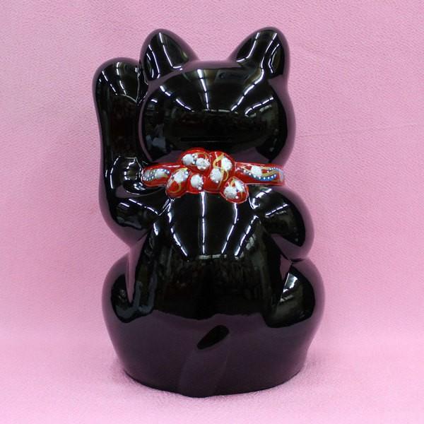 招き猫 置物 開運 縁起物 金運 貯金箱)常滑焼 招き猫（黒10号 左手