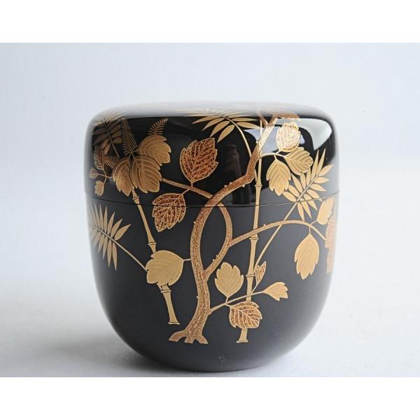 蒔絵師 鈴谷鐵五郎 嵯峨絵 棗 仕覆、共箱 高さ約7．2cm茶道具