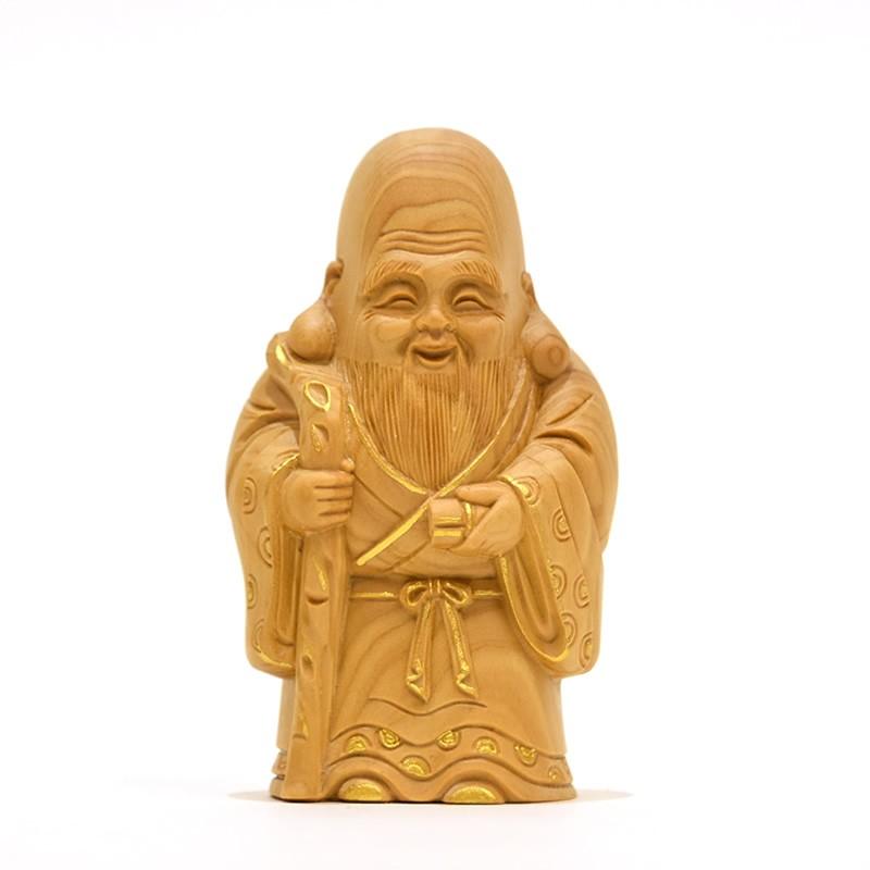 木彫り仏像 七福神之【寿老人】 柘植 金泥付 高さ8.5cm : 海宇工芸館