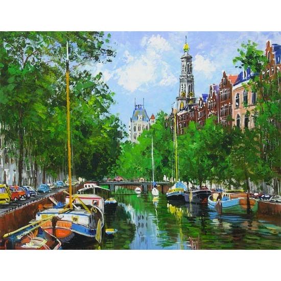 絵画 油絵 アムステルダムの運河 （藤原英信） 【肉筆】【油絵】【外国