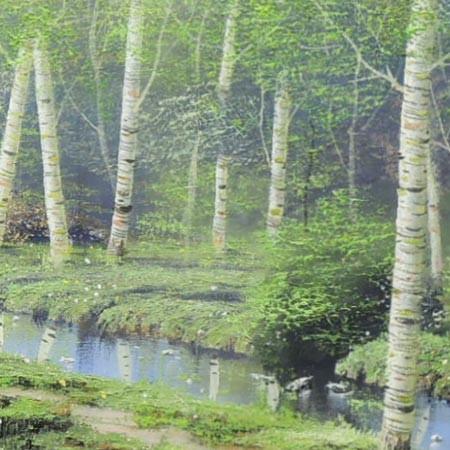 絵画 油絵 白樺林 （早瀬遼） 【肉筆】【油絵】【日本の風景】【横長
