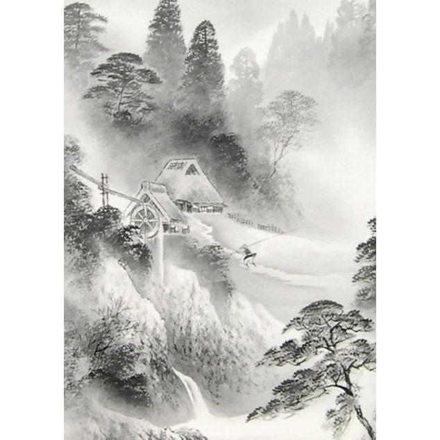 掛け軸 水墨山水 (堀江湖城) 【掛軸】【一間床・半間床】【山水